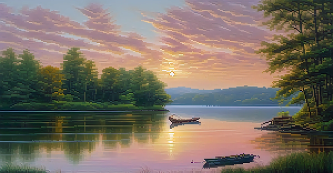 A peaceful sunrise over a lake with trees reflecting in the water and a small wooden boat.