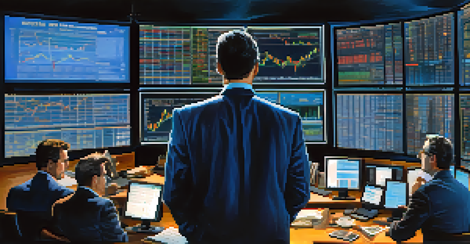 A trader in a dimly lit room monitoring multiple screens of financial data and stock charts, with a blue glow illuminating his focused expression.