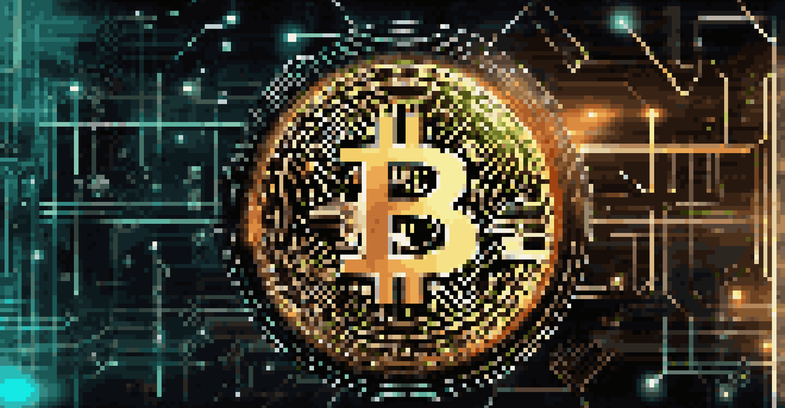 A futuristic depiction of a glowing Bitcoin symbol surrounded by digital circuitry and binary code on a dark gradient background, symbolizing innovation in cryptocurrency.