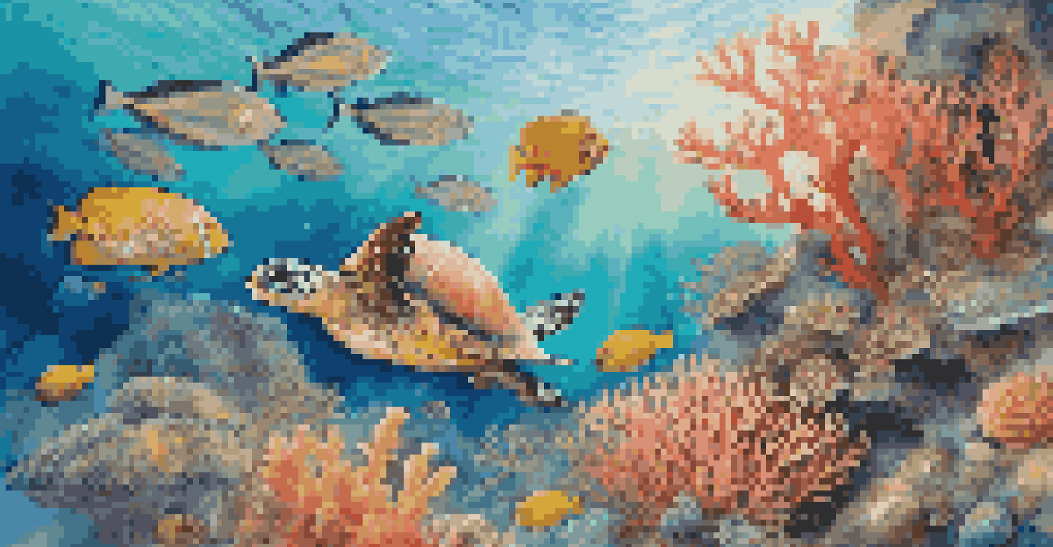 A detailed close-up of a coral reef filled with colorful corals, fish, and a sea turtle in a sunlit underwater scene.
