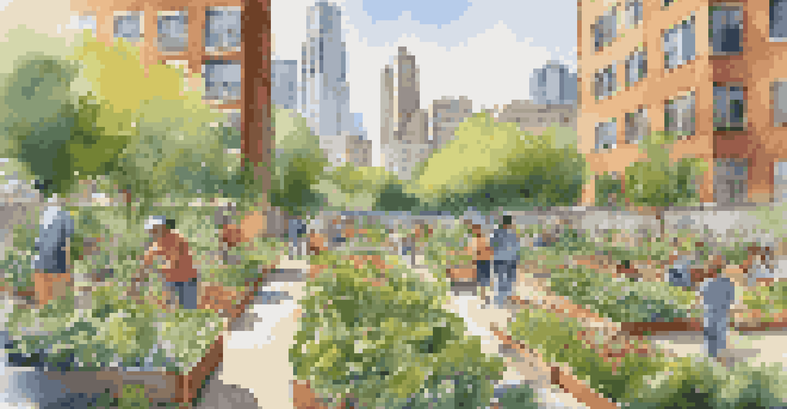 A community garden in an urban setting with people gardening and children playing, showcasing the balance between nature and city life.