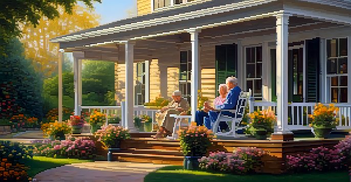 An elderly couple sitting on a porch in the morning, enjoying coffee with a beautiful garden in the background.