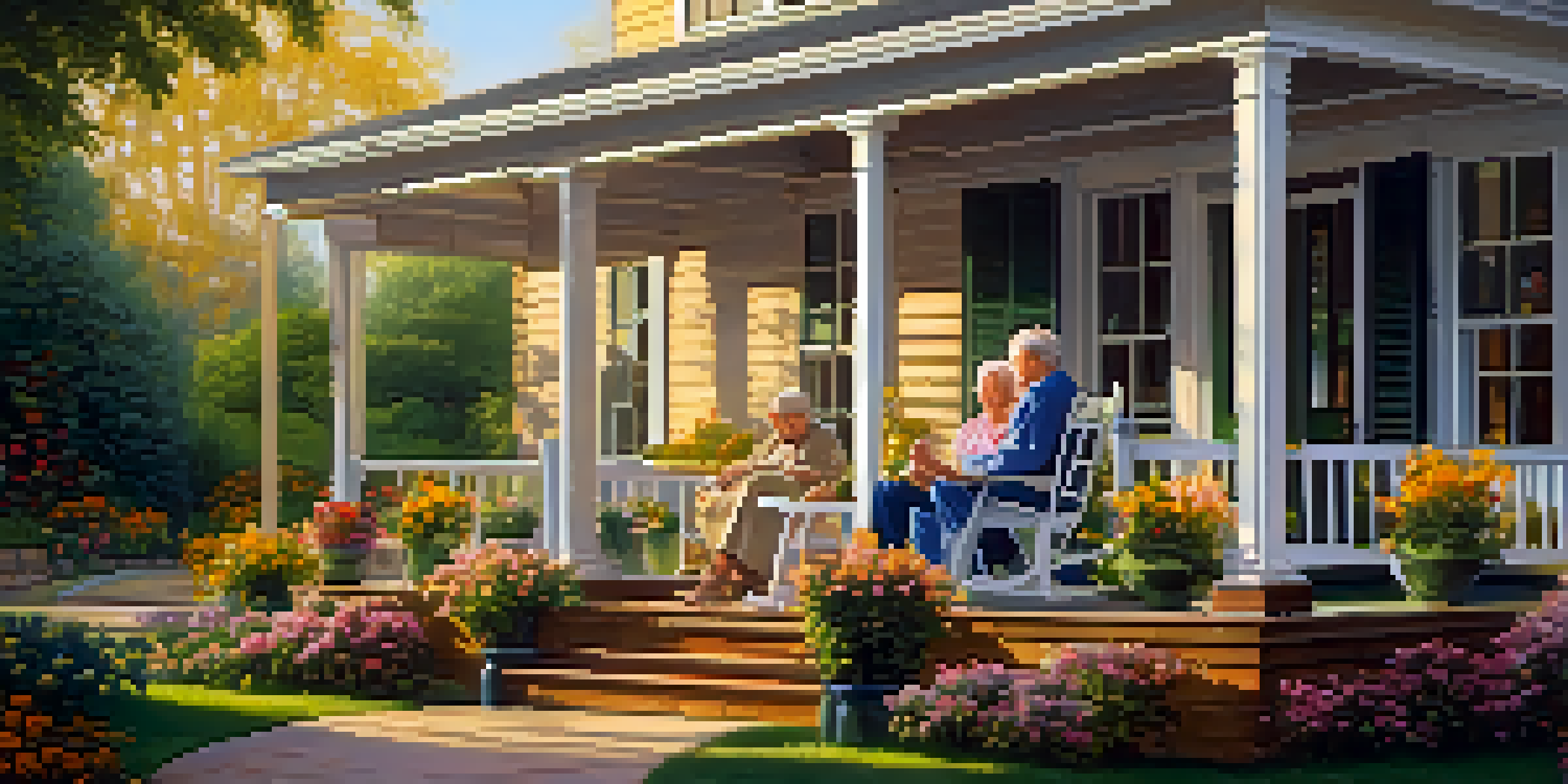 An elderly couple sitting on a porch in the morning, enjoying coffee with a beautiful garden in the background.