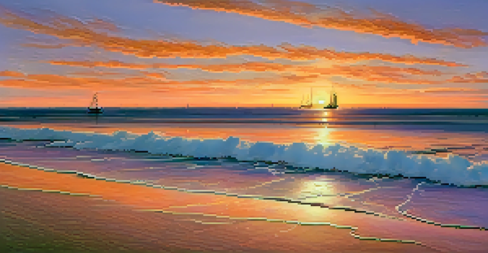 A tranquil beach scene at sunset, showcasing colorful skies and gentle waves, with distant sailboats and seagulls.