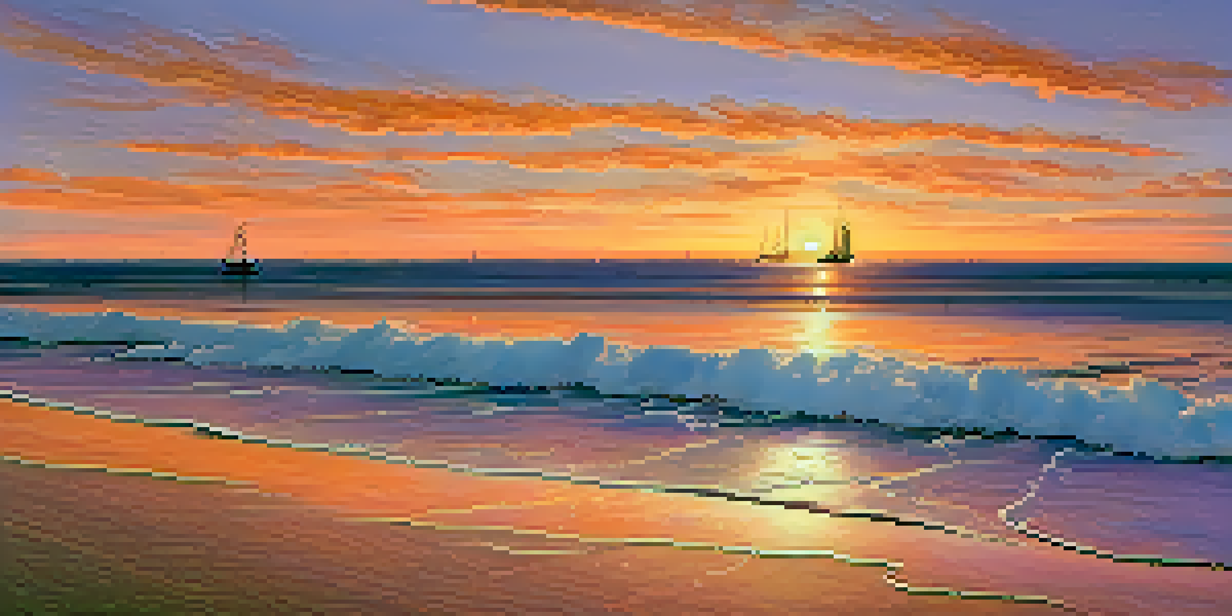 A tranquil beach scene at sunset, showcasing colorful skies and gentle waves, with distant sailboats and seagulls.