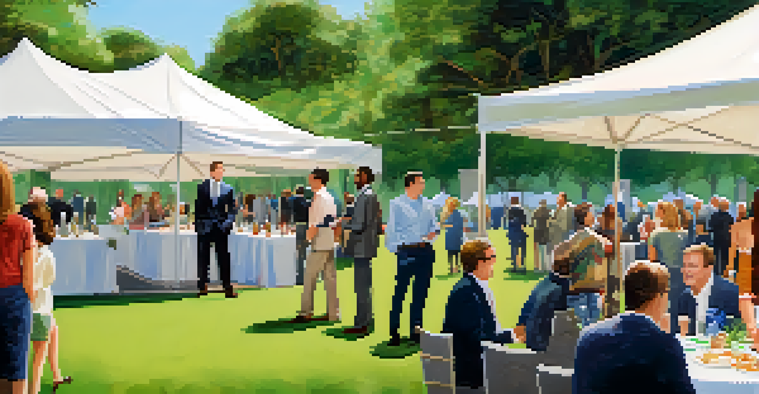 Investment group members networking outdoors under a tent, surrounded by greenery and refreshments.