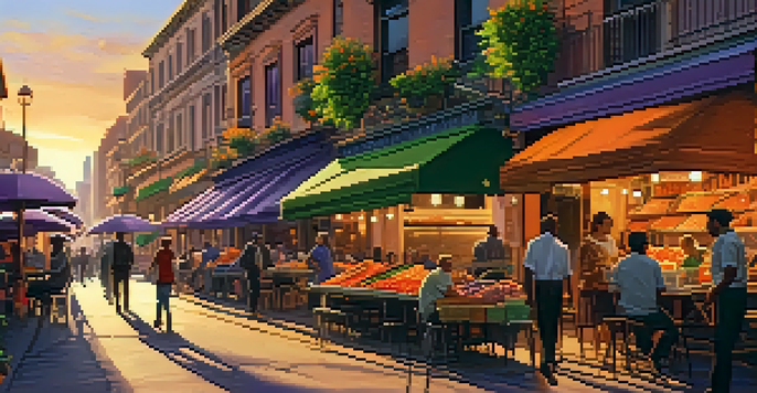 A vibrant city street at sunset with people walking, cafes, and colorful skies.
