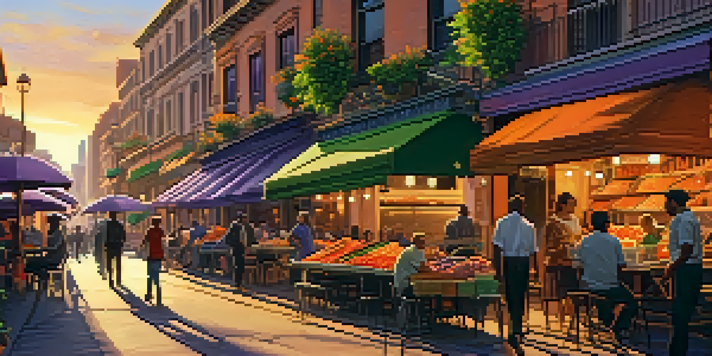 A vibrant city street at sunset with people walking, cafes, and colorful skies.