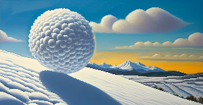 A large snowball rolling down a snowy hill, collecting more snow, under a blue sky with clouds.