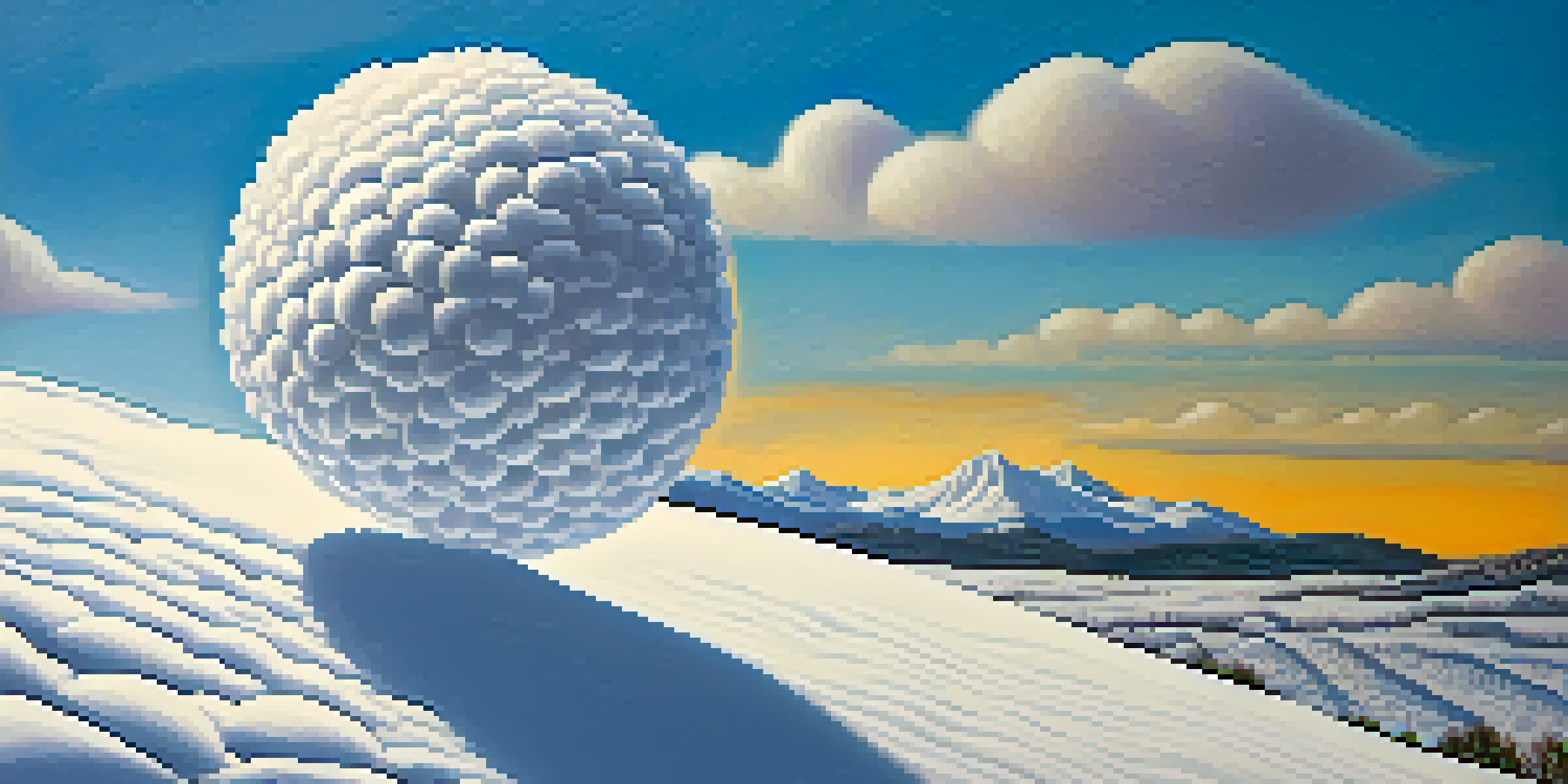 A large snowball rolling down a snowy hill, collecting more snow, under a blue sky with clouds.