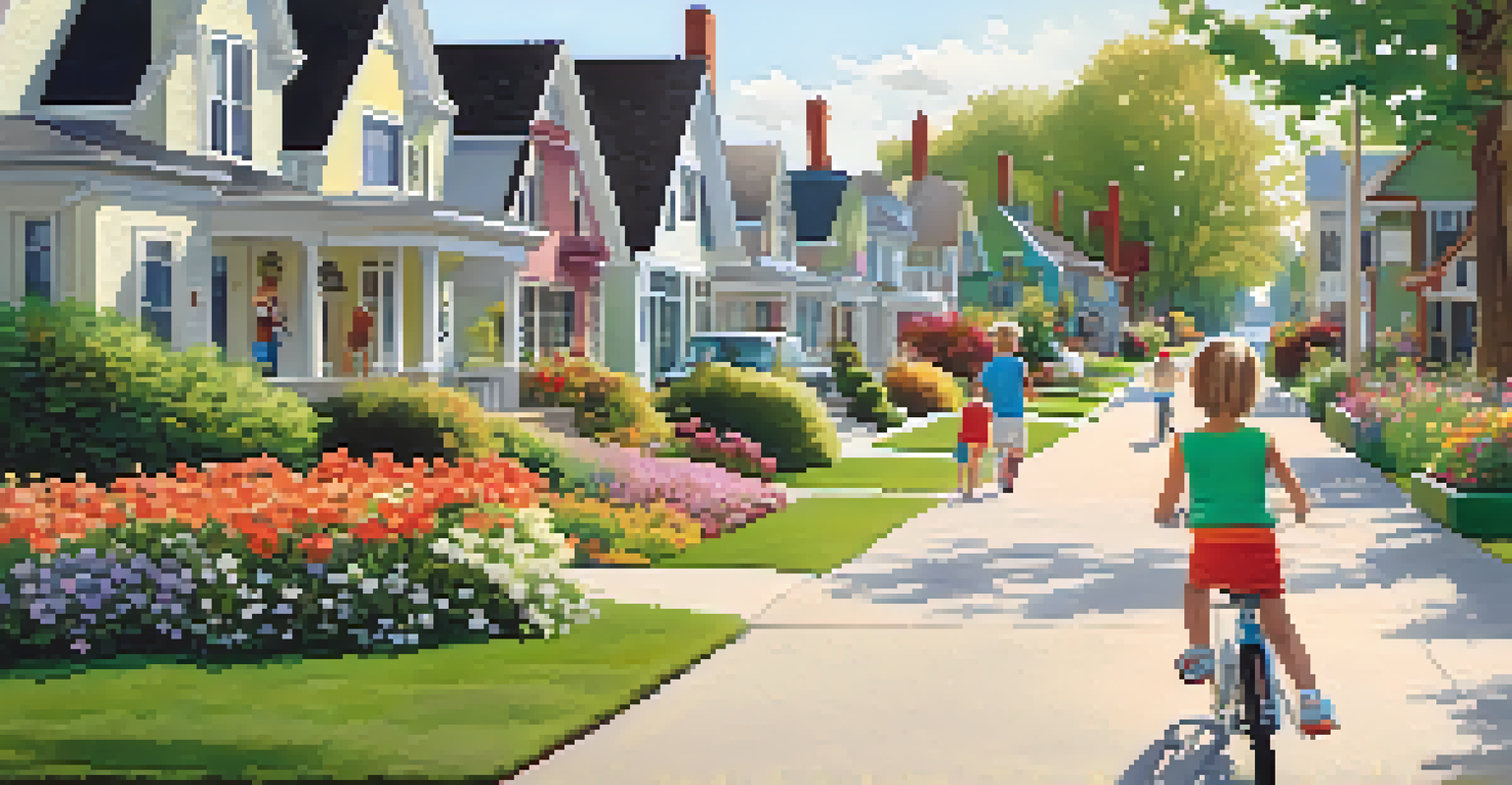 A picturesque street in a residential neighborhood with diverse houses, green lawns, and children riding bicycles.