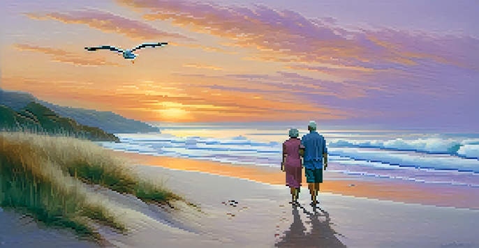 A retired couple walking on a beach at sunset, with colorful skies and gentle waves.