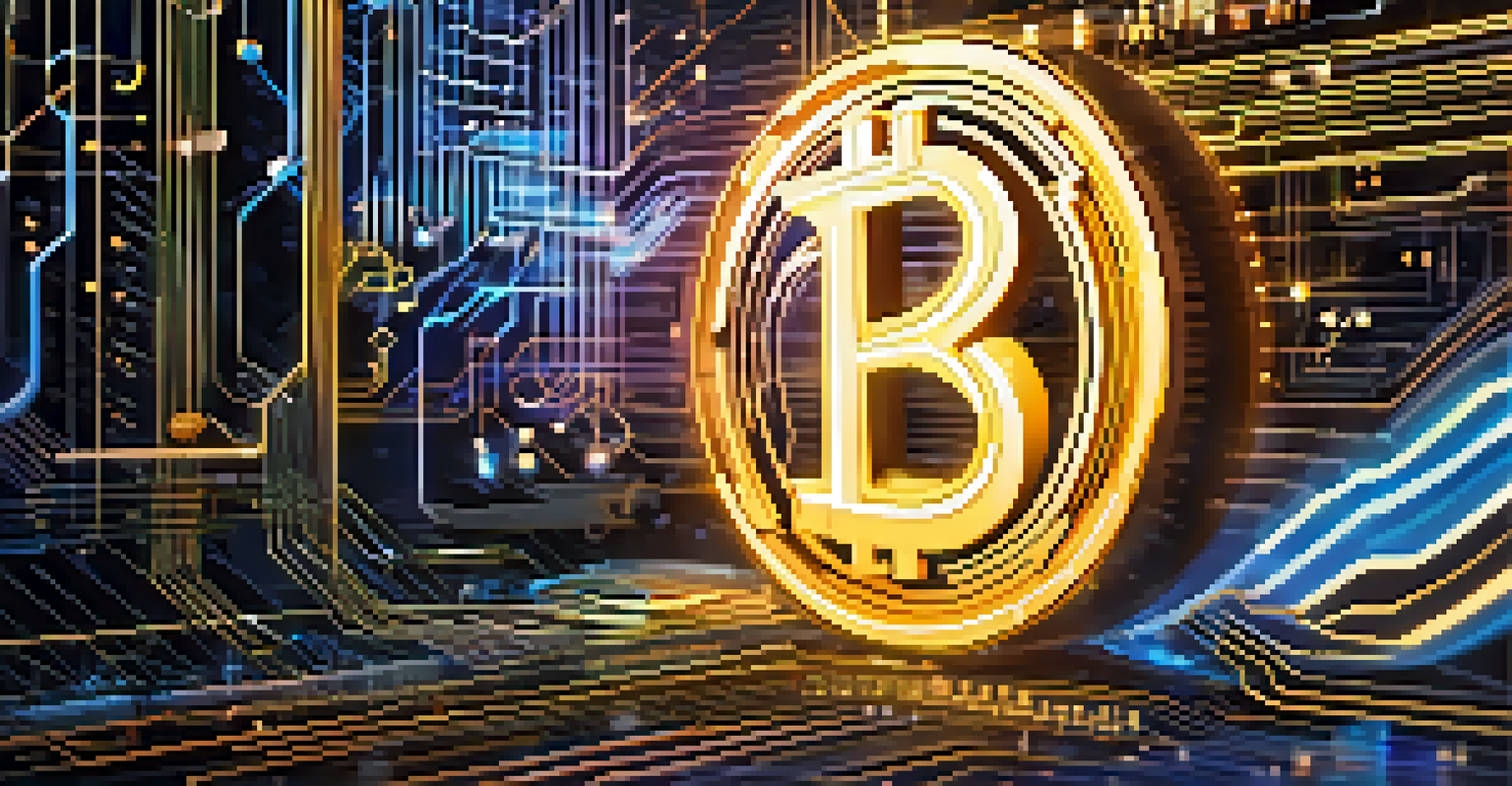 A digital currency symbol surrounded by futuristic technology elements.