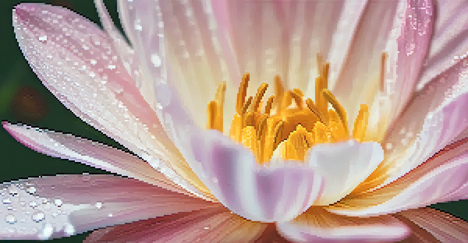 A close-up of a blooming flower with pink and white petals and raindrops.
