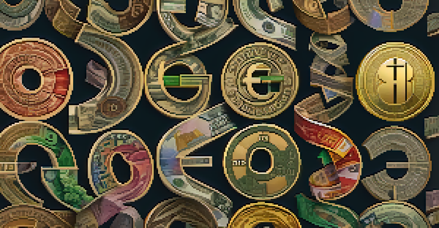 A colorful spiral arrangement of currency symbols from different countries on a dark background.
