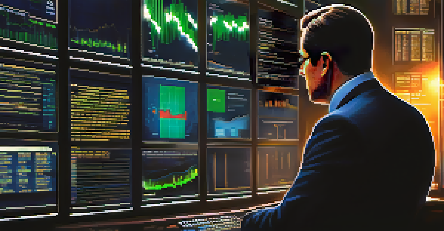 A hedge fund manager contemplating ethical investment options while looking at a digital screen displaying stock market data.