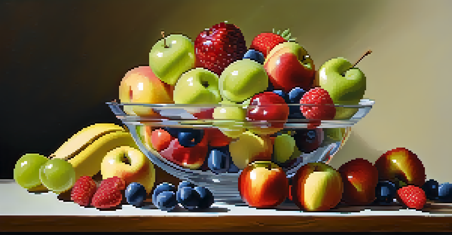 A vibrant fruit salad in a glass bowl filled with apples, strawberries, bananas, and grapes on a wooden table.