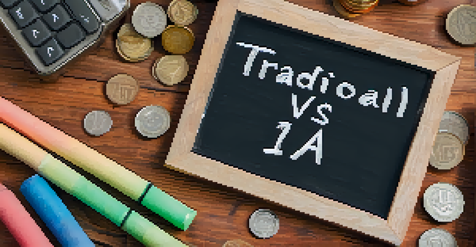 A close-up of a hand holding a chalkboard with 'Traditional IRA vs. Roth IRA', surrounded by coins and a calculator on a wooden table.
