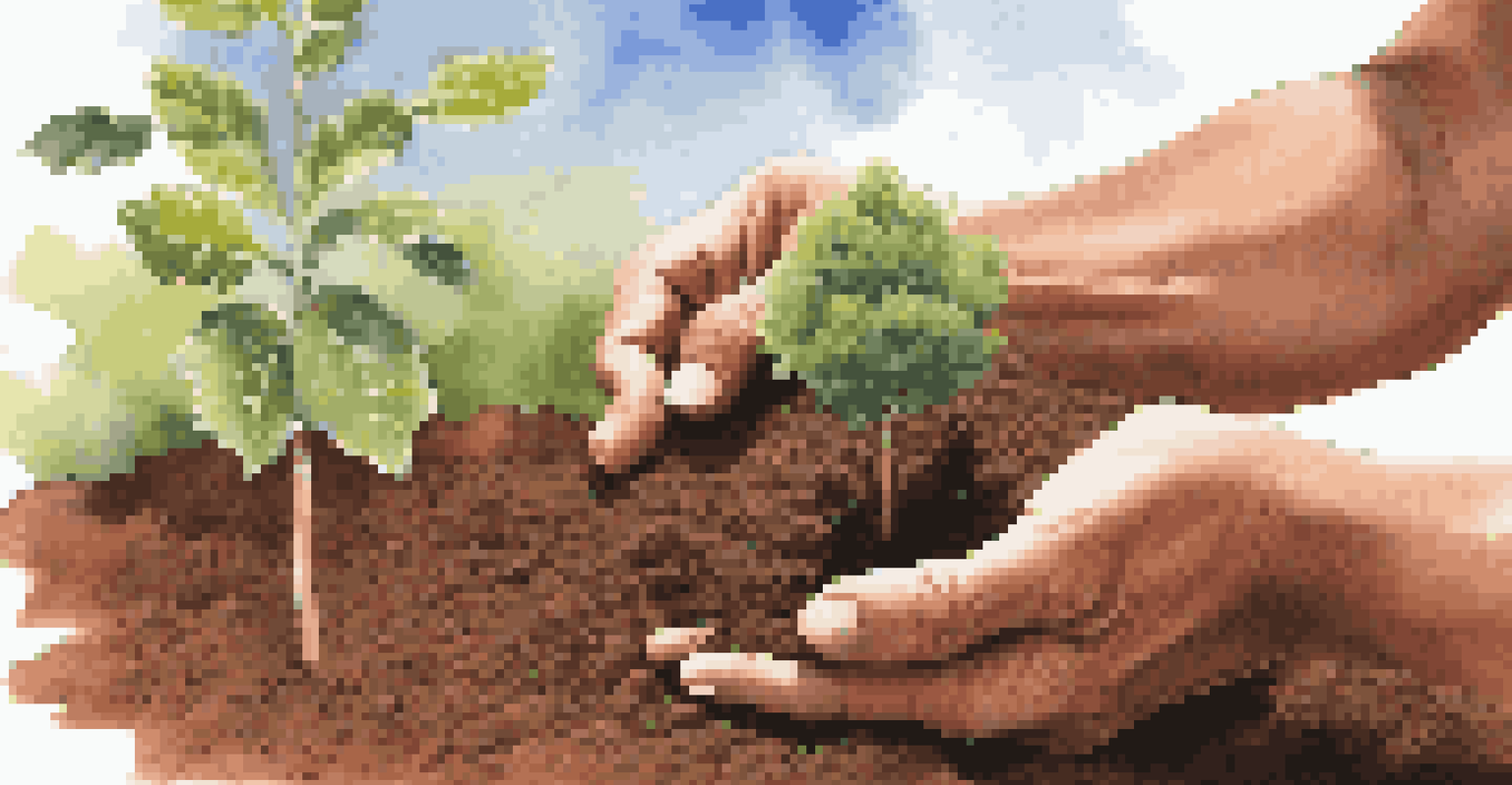 Hands planting a small tree in soil under a blue sky, symbolizing investment.