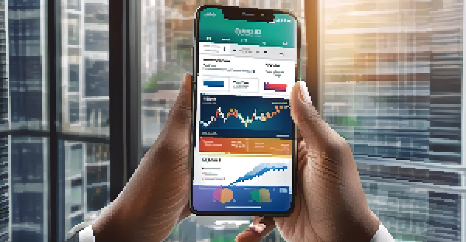 Hands of diverse individuals holding a smartphone with stock market graphs in a modern office.