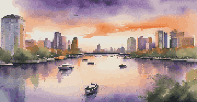 A beautiful urban skyline at sunset with skyscrapers, green parks, and a calm river reflecting the colorful sky.