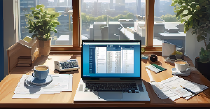 A modern office desk with a laptop, financial documents, and a coffee cup under natural light from a large window.