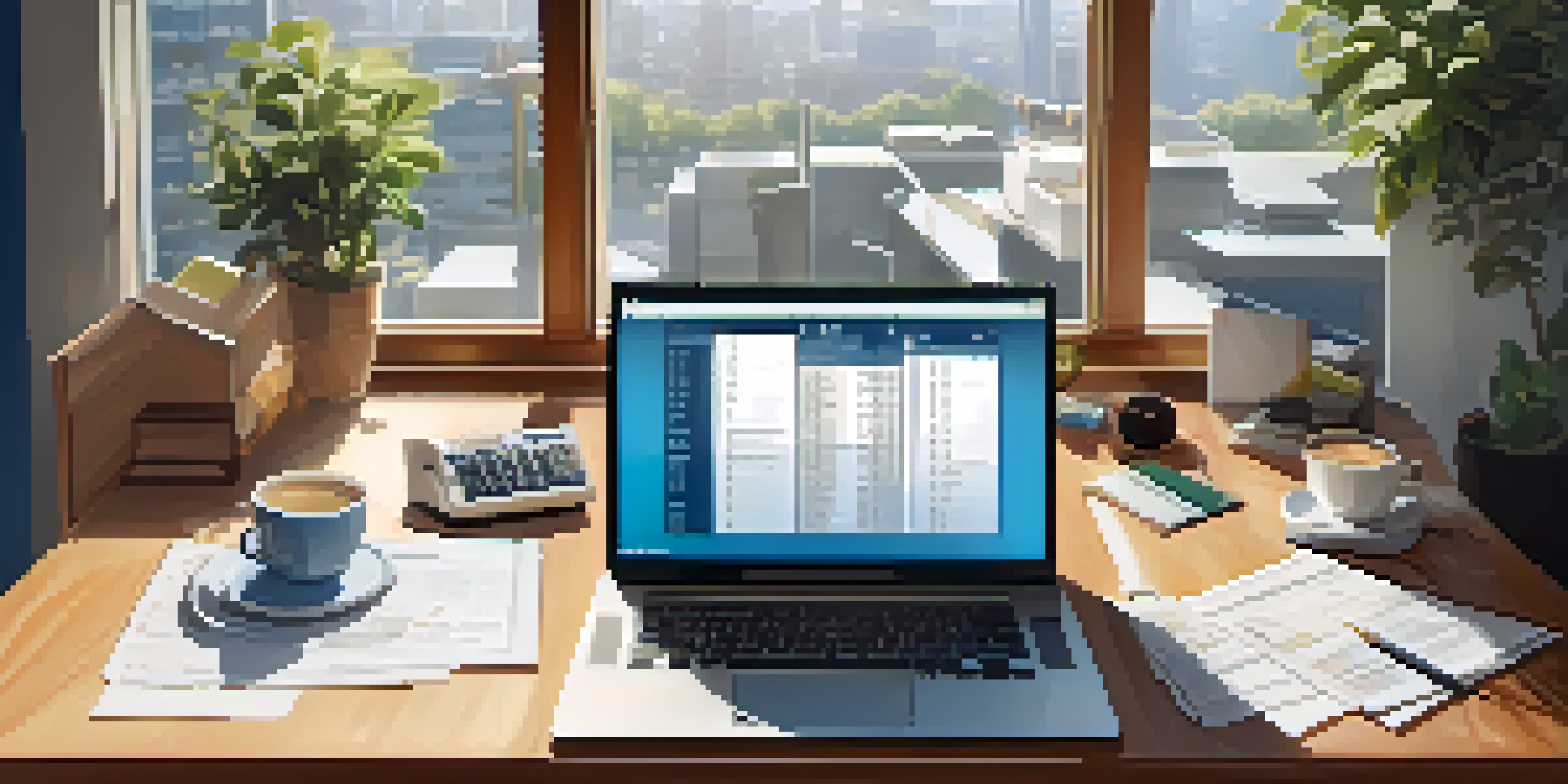 A modern office desk with a laptop, financial documents, and a coffee cup under natural light from a large window.