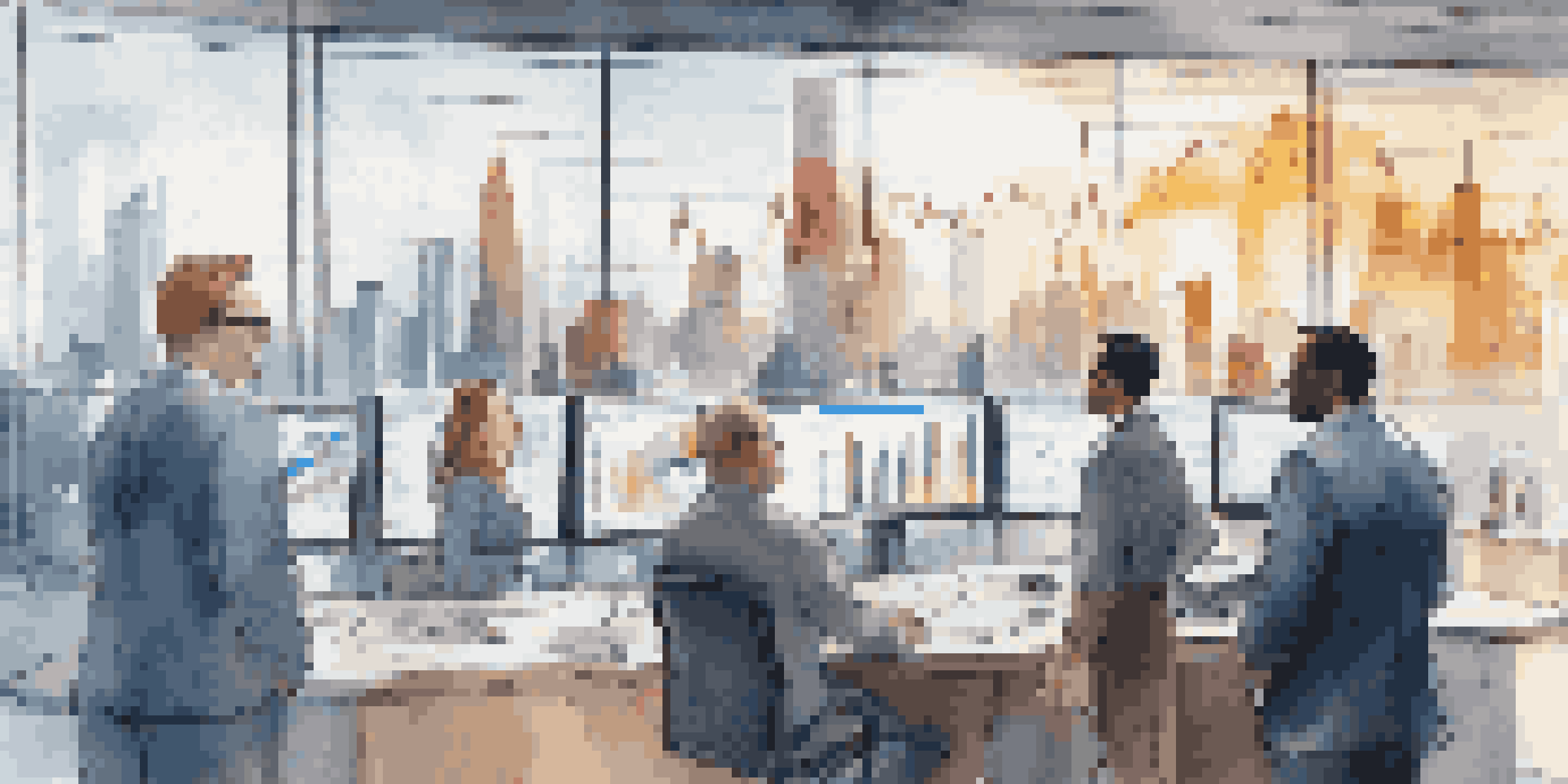 A diverse group of investors in a bright room, looking at digital screens with ETF charts, while discussing investment strategies against a city skyline backdrop.