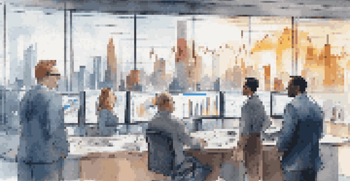 A diverse group of investors in a bright room, looking at digital screens with ETF charts, while discussing investment strategies against a city skyline backdrop.