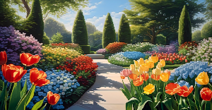 A colorful garden filled with various flowers such as tulips, daisies, and roses, under a clear blue sky with sunlight filtering through the leaves.
