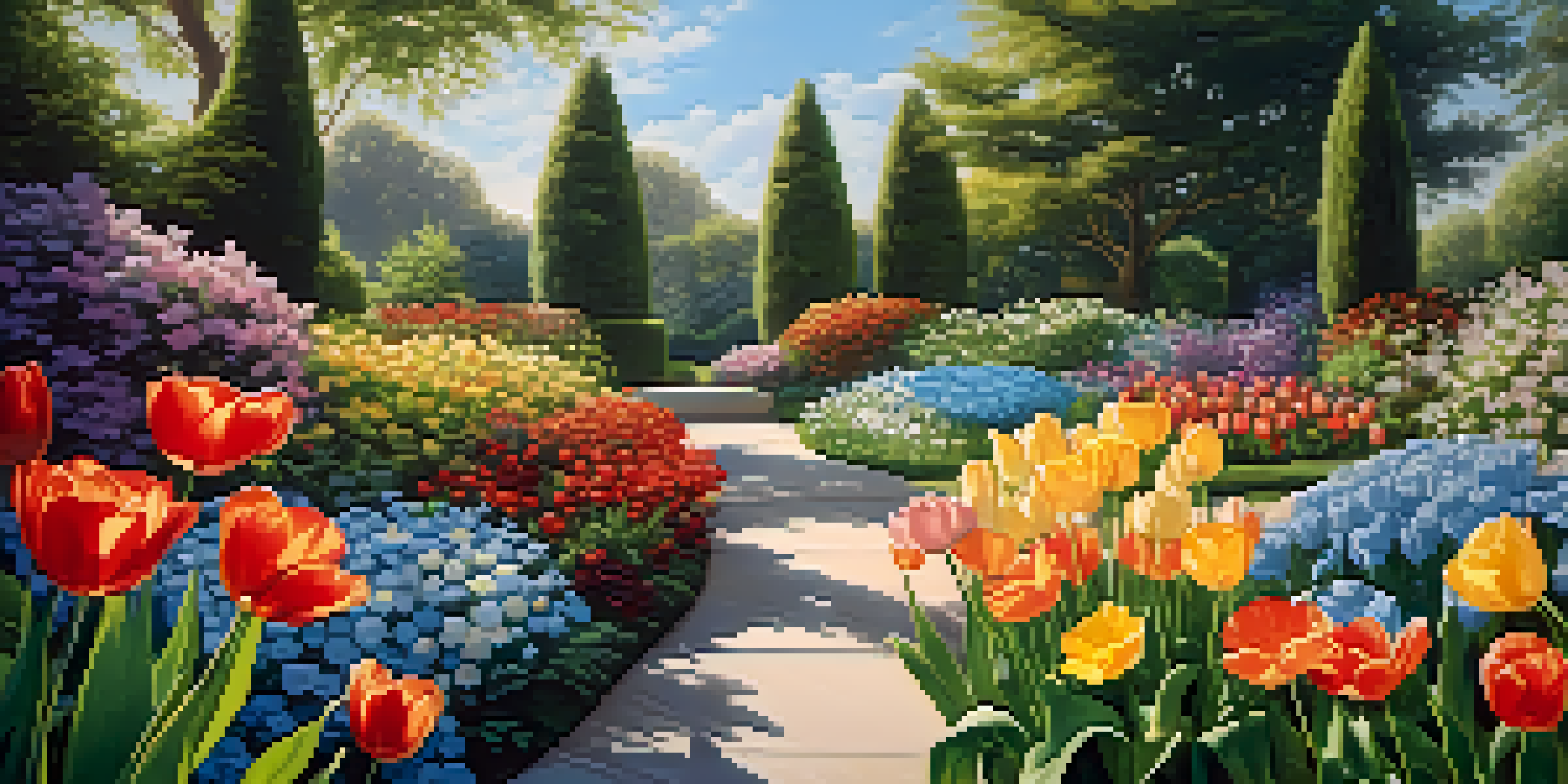 A colorful garden filled with various flowers such as tulips, daisies, and roses, under a clear blue sky with sunlight filtering through the leaves.