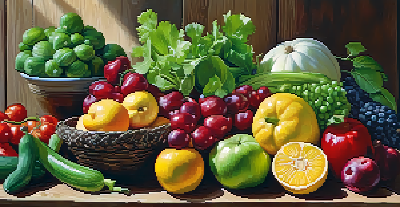 A colorful display of fresh fruits and vegetables on a wooden table.