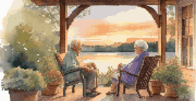 An older couple sitting on a porch, overlooking a sunset by a calm lake, with potted plants and a cozy blanket.