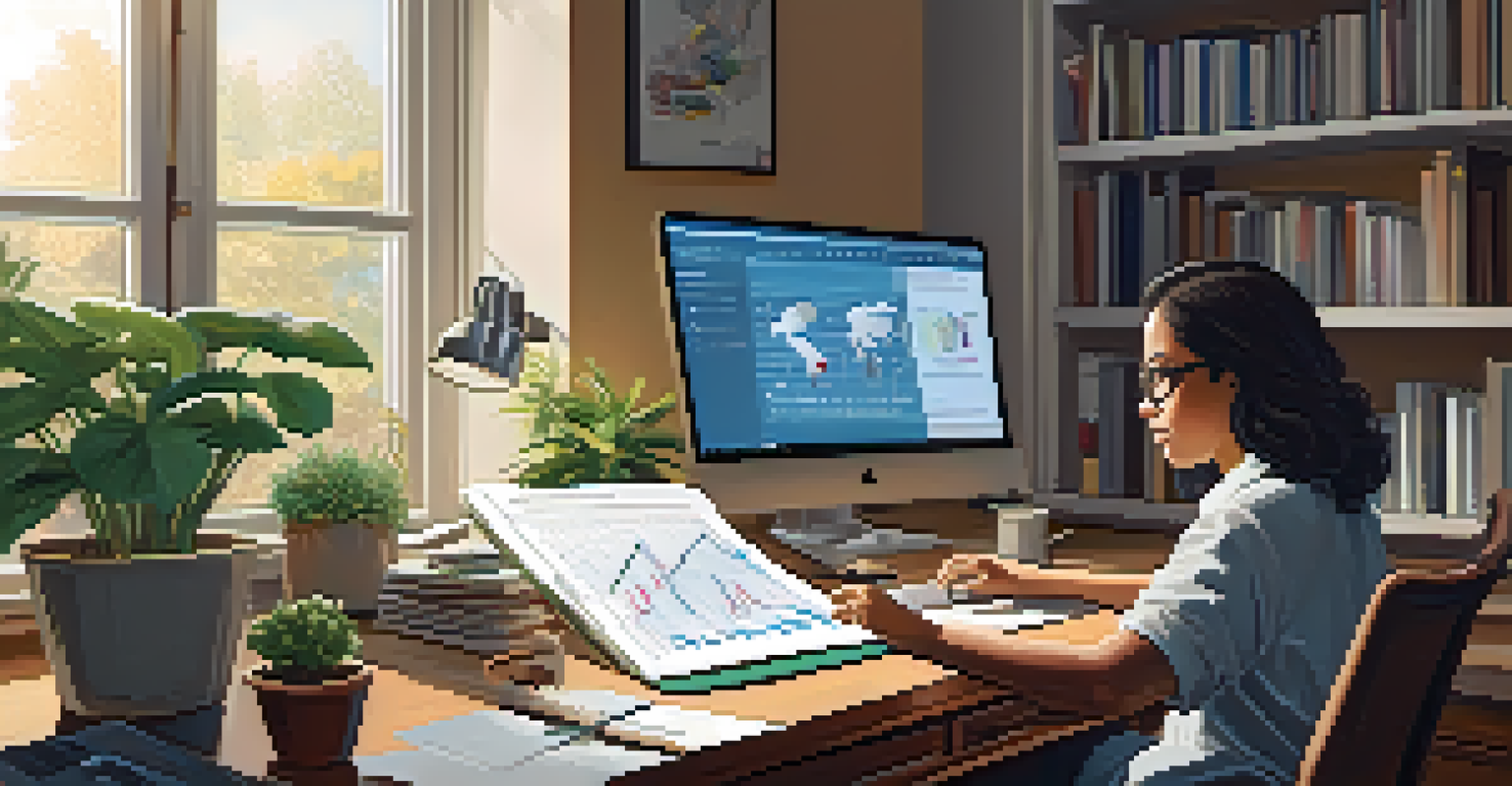 A person in a home office examining financial charts on a laptop, surrounded by plants and books, symbolizing research in investments.