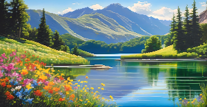 A peaceful lake surrounded by green mountains and wildflowers, with sunlight reflecting off the water.