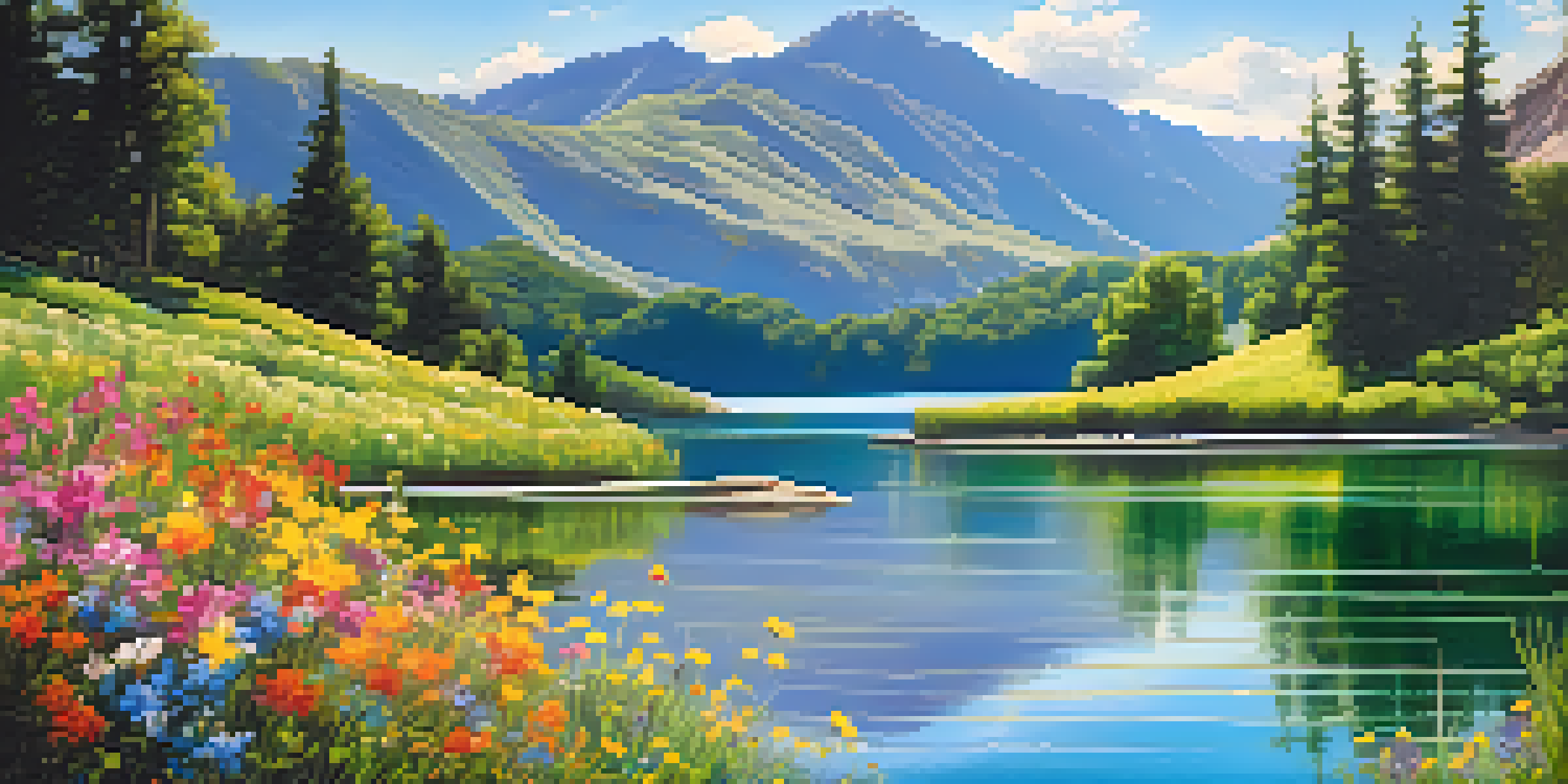 A peaceful lake surrounded by green mountains and wildflowers, with sunlight reflecting off the water.