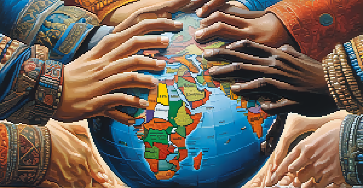 Close-up of diverse hands shaking over a detailed globe, representing international collaboration in investments.