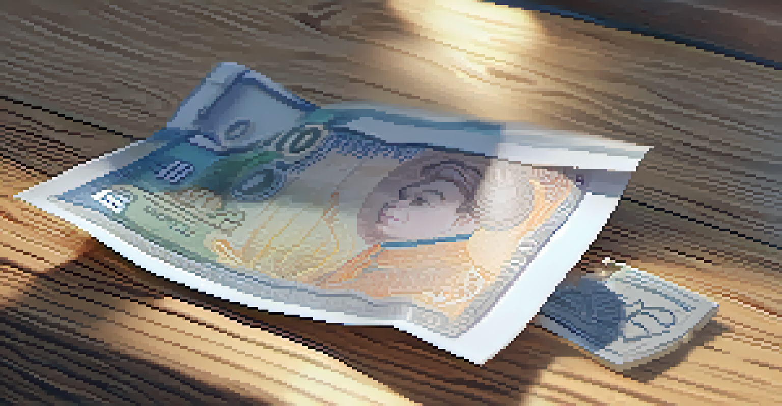 A close-up of a currency note on a wooden table, with a calculator and notepad blurred in the background.