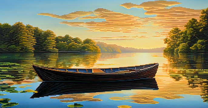 A peaceful lake at sunset with a wooden boat and lush greenery.