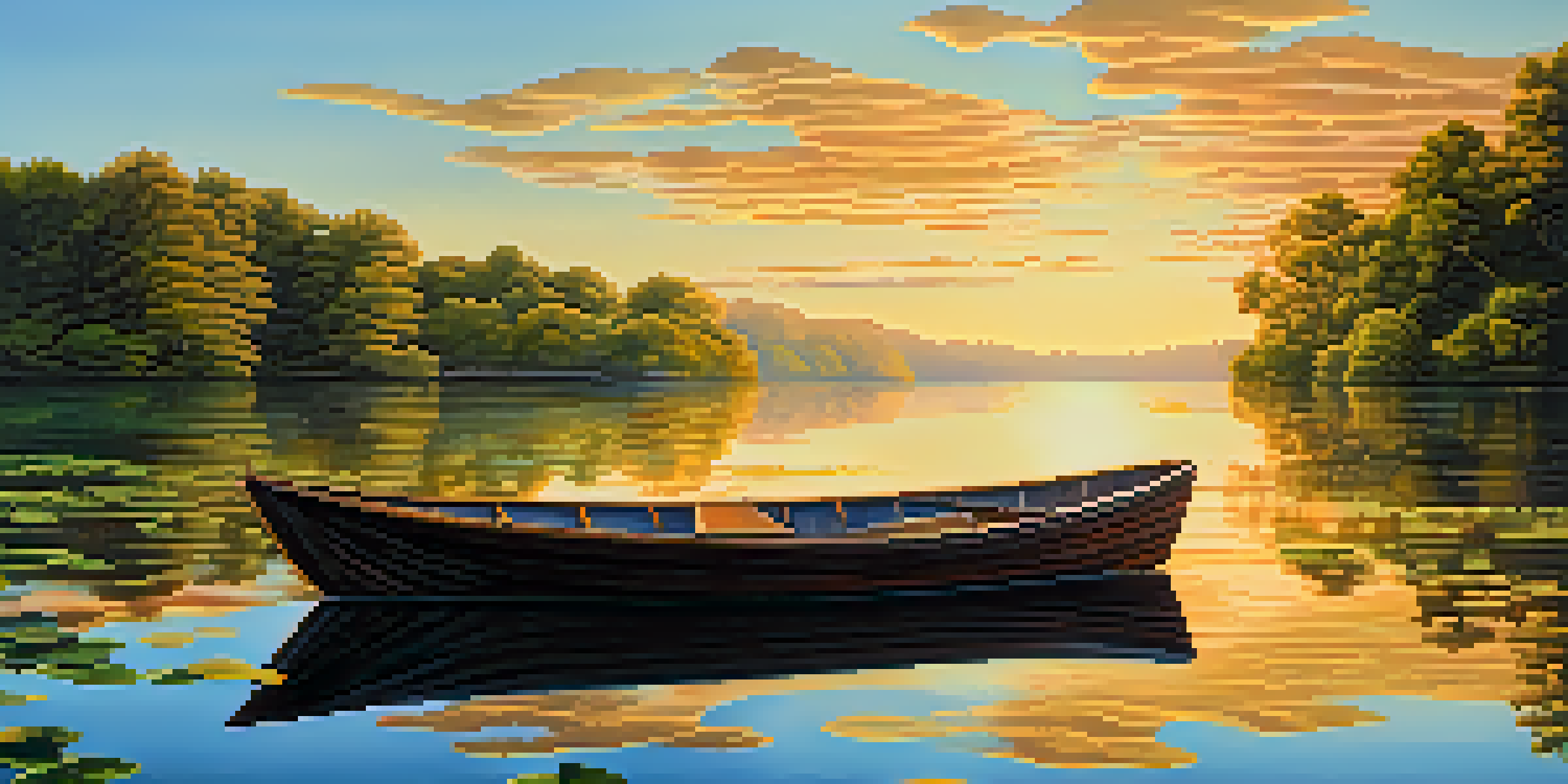 A peaceful lake at sunset with a wooden boat and lush greenery.