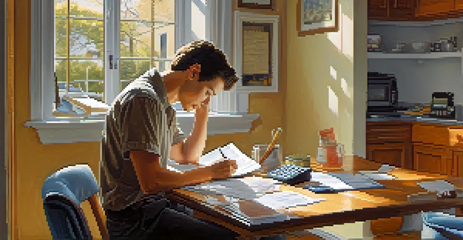 A person at a kitchen table with a calculator and notebook, immersed in financial planning on a bright sunny day.