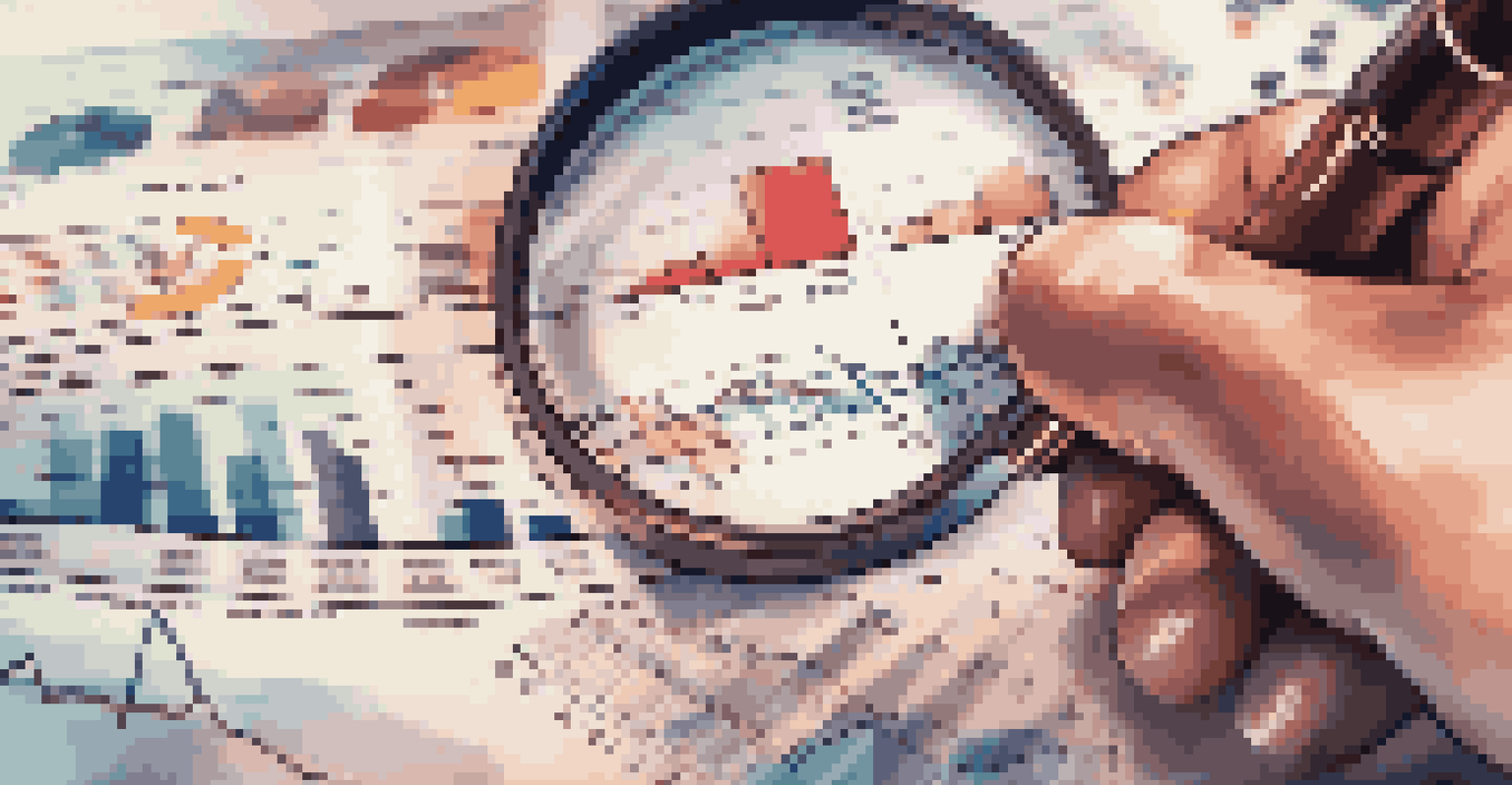 A close-up of a hand with a magnifying glass examining a financial report with colorful graphs.