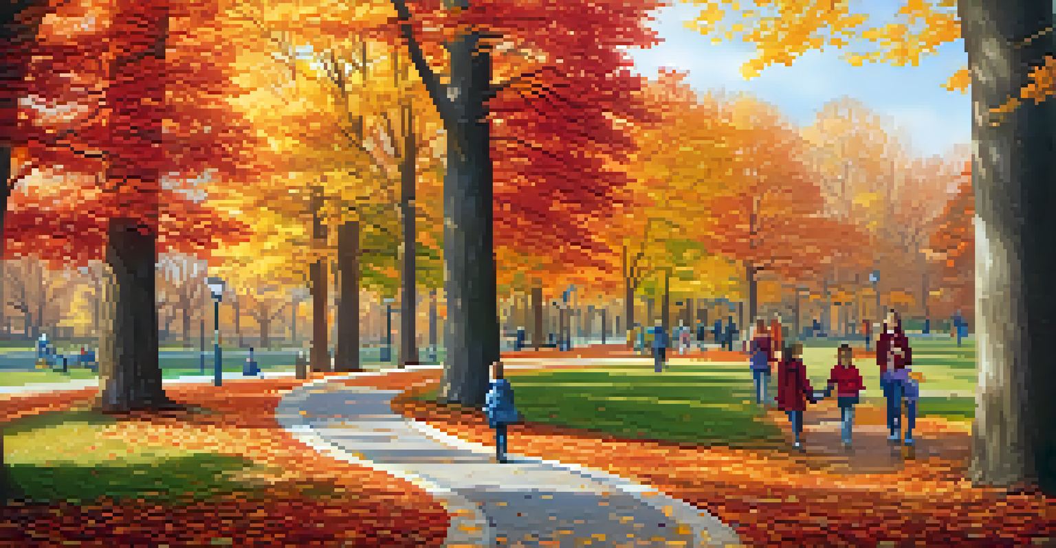 A tranquil park in autumn, featuring colorful trees and a path with families enjoying the outdoors.
