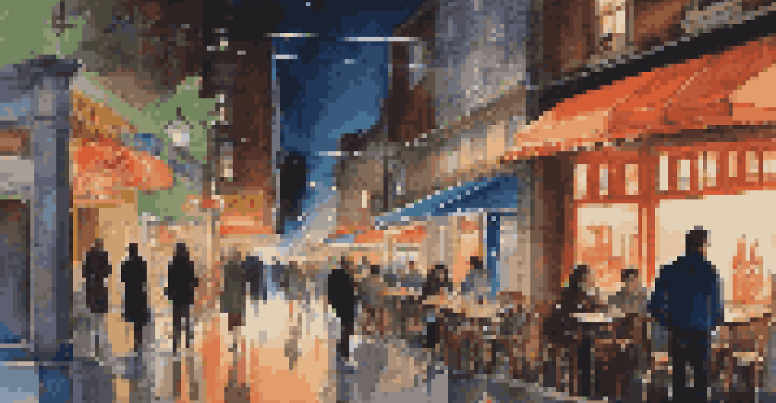 A lively city street at night with bright neon lights, people walking, and a couple enjoying a café outdoor seating.