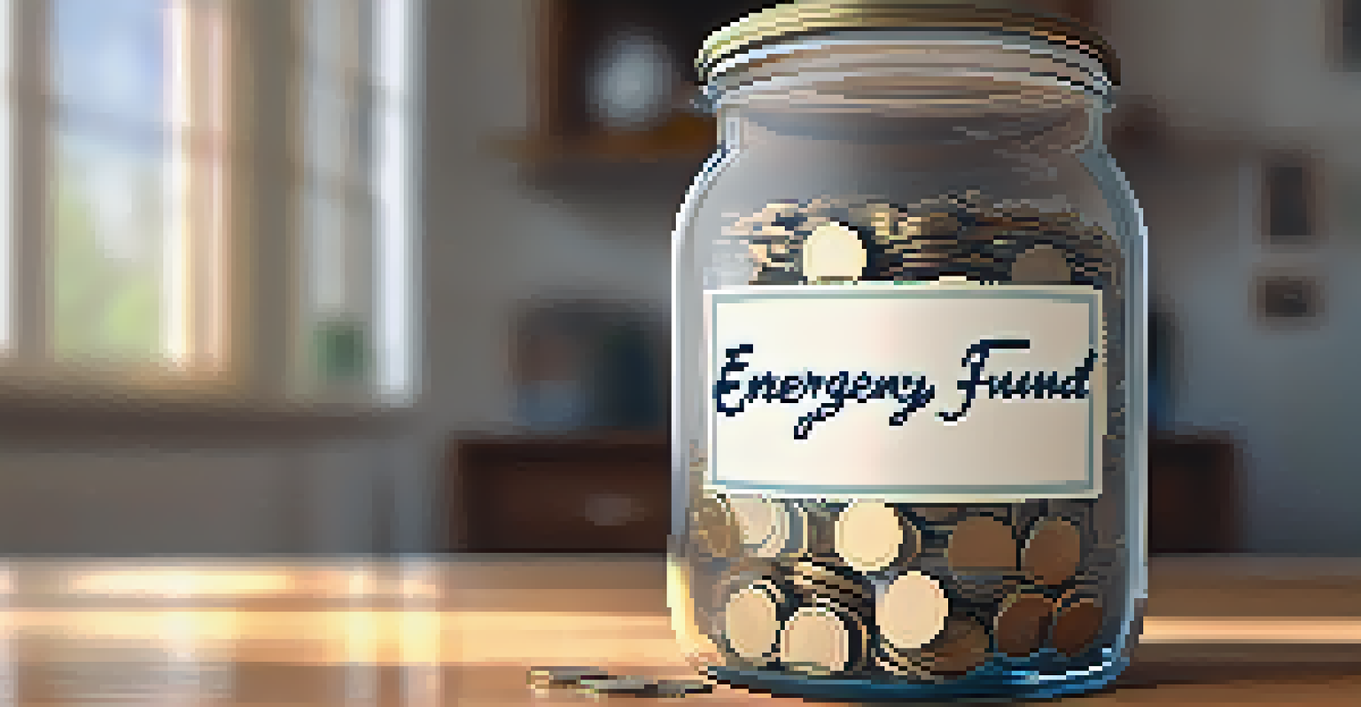 A hand adding coins to a jar labeled 'Emergency Fund', with a cozy living space blurred in the background.