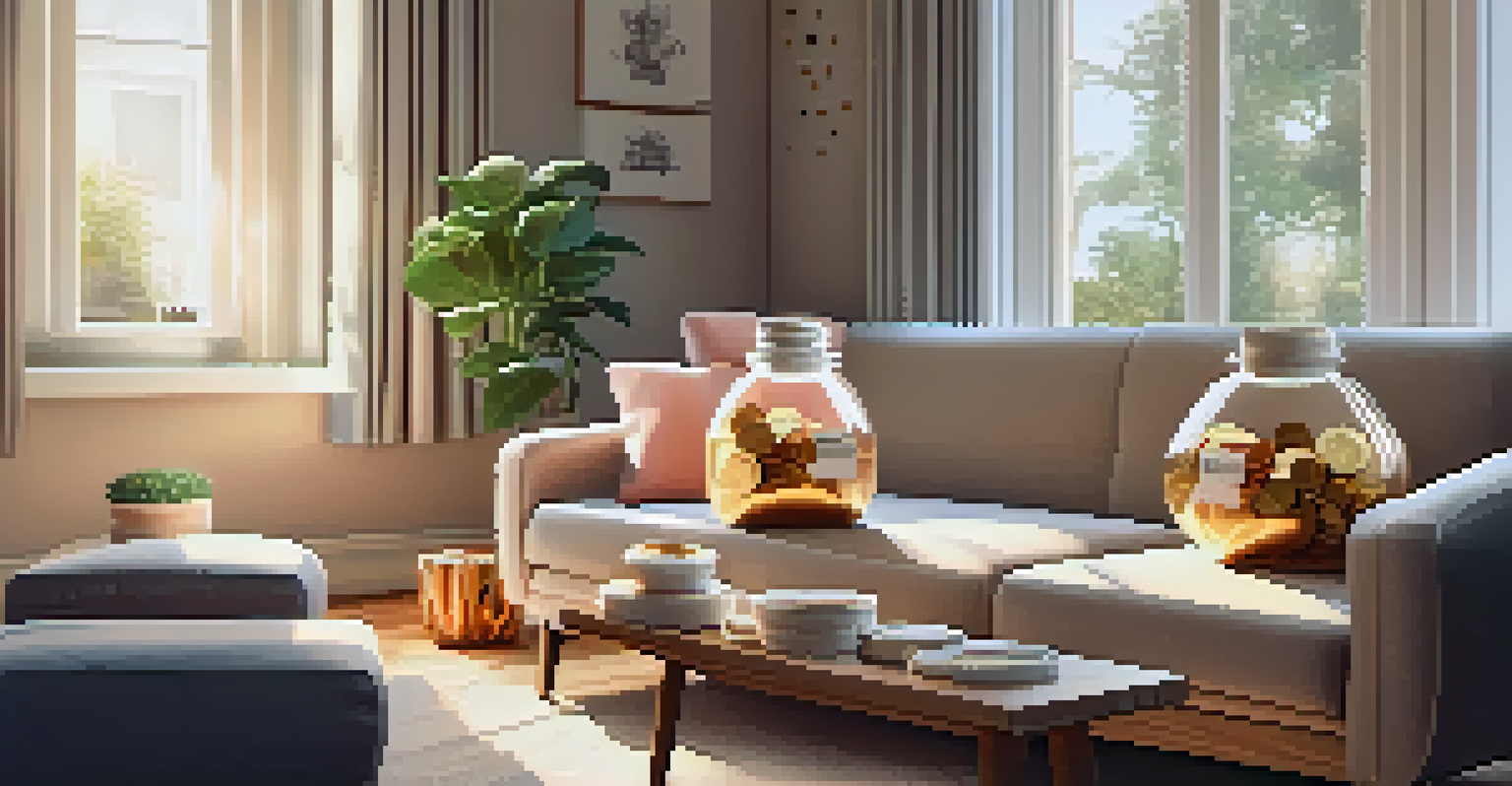 A cozy living room featuring a piggy bank and jars filled with coins, symbolizing an emergency fund.