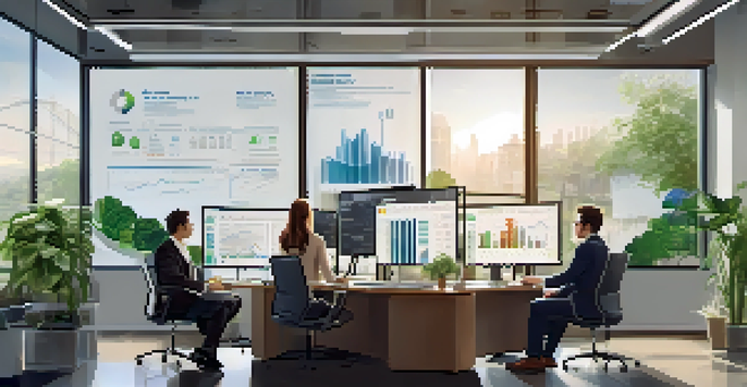 A diverse group of professionals in an office environment examining cash flow metrics on a large screen, surrounded by natural light and greenery.
