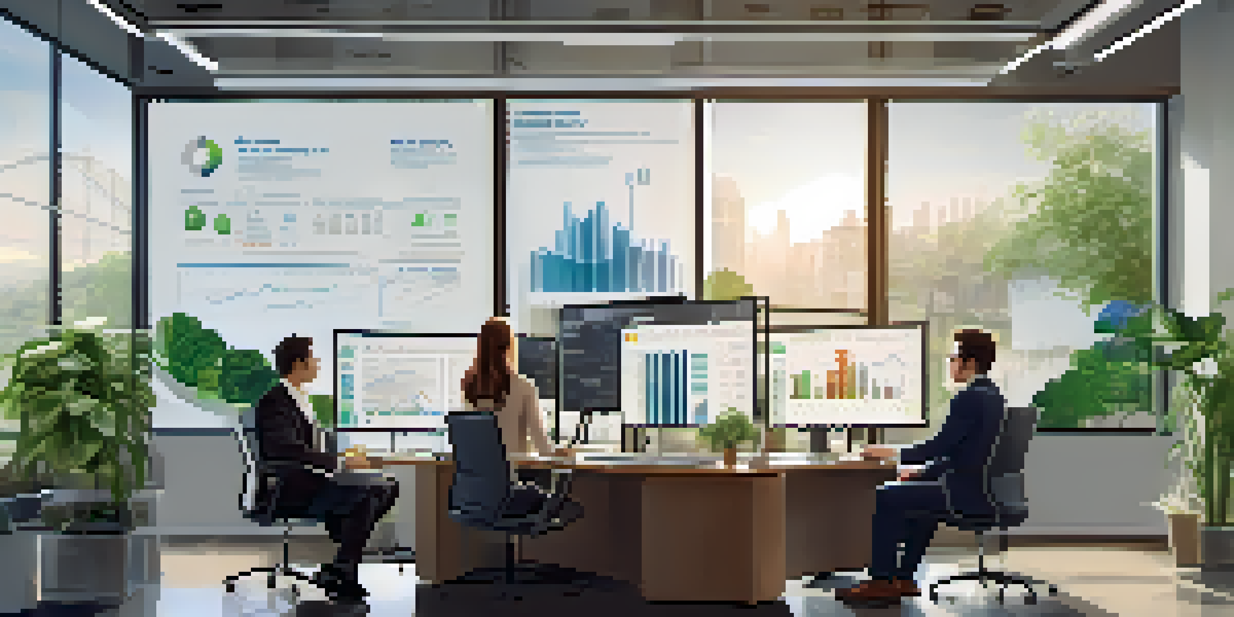 A diverse group of professionals in an office environment examining cash flow metrics on a large screen, surrounded by natural light and greenery.