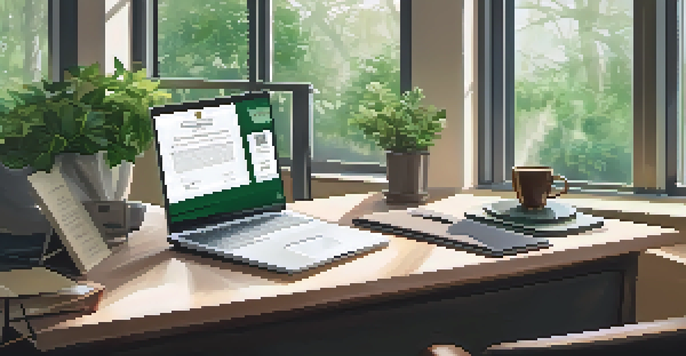 A bright and organized office desk with a laptop, notepad, and coffee, surrounded by plants and a certificate.
