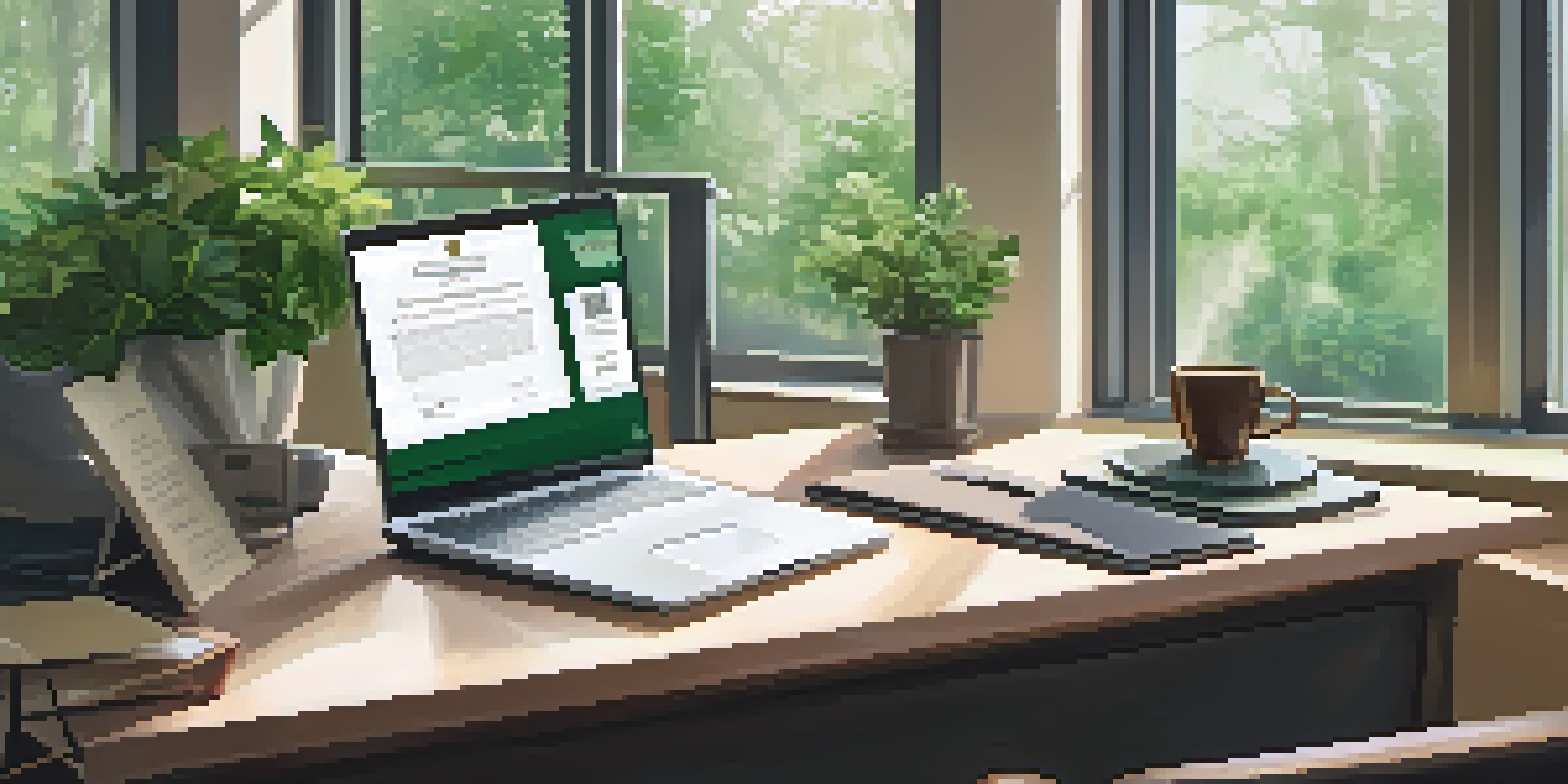A bright and organized office desk with a laptop, notepad, and coffee, surrounded by plants and a certificate.